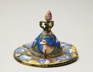 Skål med lock, fat och sked med astrologisk dekoration, tidigt 1800-tal
