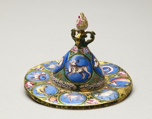 Skål med lock, fat och sked med astrologisk dekoration, tidigt 1800-tal av Baqir