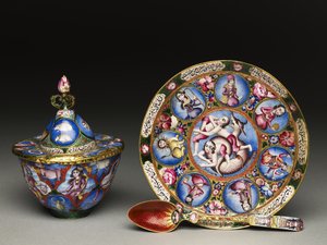 Skål med lock, fat och sked med astrologisk dekoration, tidigt 1800-tal