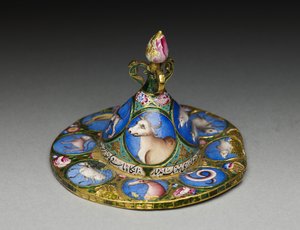 Skål med lock, fat och sked med astrologisk dekoration, tidigt 1800-tal