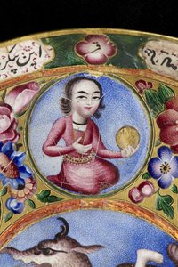 Skål med lock, fat och sked med astrologisk dekoration, tidigt 1800-tal av Baqir