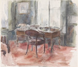 Skrivbordet i Mr. S. van Houtens arbetsrum, i huset på Riouwstraat 6, i Haag