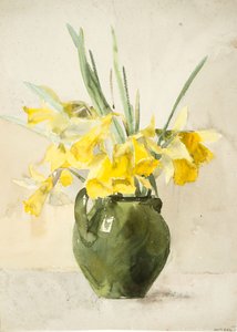 Buketter av gula blommor i en vas (akvarell på vävt papper)