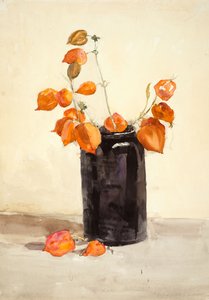 Blommor i svart vas (akvarell på papper)