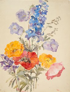 Gula, röda och blå blommor (akvarell och grafit på lagt papper)