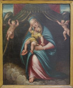 Madonna med barn under en baldakin som hålls av två änglar (målning)