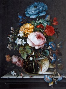Vas med blommor på en avsats (gouache på veläng)