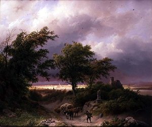 Ett skogslandskap med en avlägsen utsikt över Cleve (olja på duk) av Barend Cornelis Koekkoek