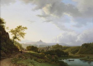 Ett sommarlandskap med panoramautsikt över resenärer och en slottsruin i fjärran av Barend Cornelis Koekkoek