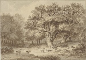 Skogslandskap med rådjur av Barend Cornelis Koekkoek