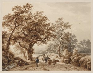 Ett landskap med tät ekskog, befolkat med boskap och figurer av Barend Cornelis Koekkoek