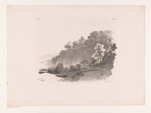 Kuperat landskap med flod, landsväg och hus Landskapsstudier sjätte delen (serietitel) av Barend Cornelis Koekkoek