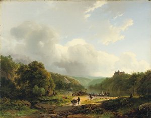 Lossning av pråmen i ett böljande landskap, 1831 av Barend Cornelis Koekkoek