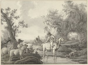Landskap med en herde och en ryttare vid en pool