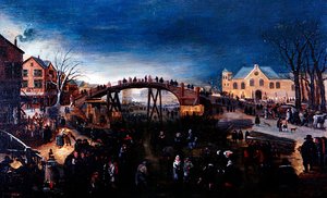 Ett vinterlandskap med konståkning och lek, ca 1640-50 (olja på panel) av Barent (follower of) Avercamp