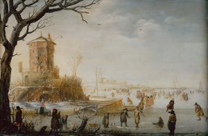 Vinterlandskap med skridskoåkare (olja på trä)