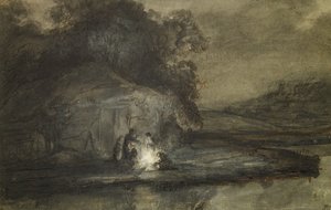 Nattlandskap med en flod och herdar (penna- och bläcktvätt med kroppsfärg på papper)