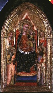 Madonna och barn tronade med St. Bartholomew och andra heliga av Bargello Master