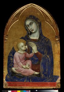 Jungfrun och Mariabarnet ammar Jesus Kristus som har ett halsband av korall. Målning på trä av Barnaba da Modena (känd från 1361 till 1383) Dim. 1,09x0,72 m Paris, Louvren.