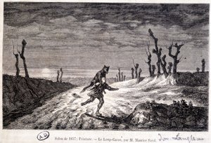 Varulv (varulv) attackerar en man - från ap. målning av Maurice Sand utställd på salongen 1857. av Baron Dudevant Jean Francois Maurice (after) Sand