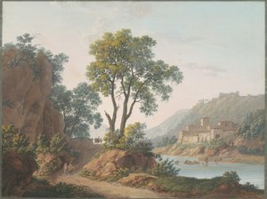 Flodlandskap med slott och resenärer av Baron Louis Albert Guillain Bacler d