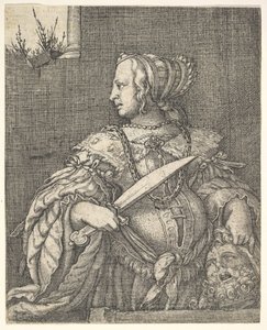 Judith, halvlång och i profil till vänster, ett svärd i höger hand och huvudet på Holo.... av Barthel Beham