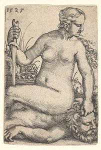 Judith, tittar åt höger, sittande naken ovanpå Holofernes döda kropp, med en sv..., 1525.