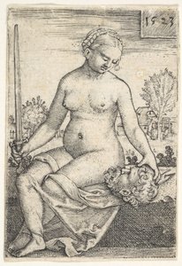 Judith, sittande naken med ett svärd i sin högra hand, stirrade ner på huvudet av Holofernes ..., 1523.
