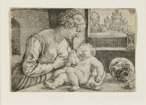 Mor och barn med skalle och timglas, ca. 1528-1530 av Barthel Beham
