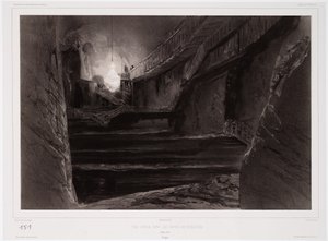 Utsikt tagen i gruvorna i Wieliczka, Polen, 20 mars 1840, graverad av Sabatier (tonad litho) av Barthelemy after Lauvergne