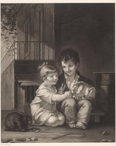 Två ungar med kaniner Mange mon petit, mange av Barthélémy Joseph Fulcran Roger