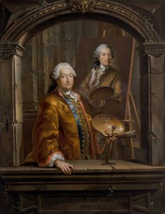 Porträtt av Georges Desmarées vid sitt staffli och målar ett porträtt av Johann Christian Thomas Winck