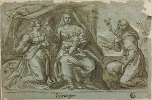 Madonna och barn med Saints Catherine och Dominic av Bartholomaeus Spranger