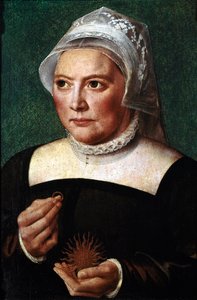 Porträtt av Catherine de Bore (Katharina von Bora) (1499-1552), hustru till Martin Luther. Hon håller en allians i handen och bär en jordgubbskrage. Målning av Bartholomaeus (Barthel) Bruyn den äldre (1493-1555) Chantilly, Conde Museum