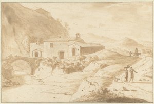 Kuperat landskap med ett kapell vid en bro av Bartholomeus Appelman