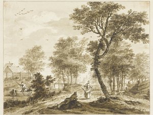 Landskap med figurer och till vänster en man i en punt av Bartholomeus Barbiers