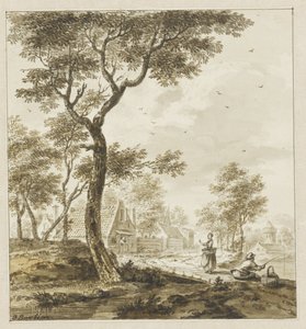 Landskap med figurer och en sportfiskare till höger av Bartholomeus Barbiers
