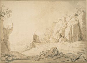 Landskap med en väg nedanför klippor nära Bracciano av Bartholomeus Breenbergh
