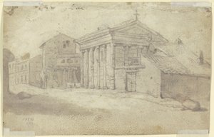 Gata med antikt tempel i jonisk ordning, numera en kristen kyrka med tillagd pelarrad av Bartholomeus Breenbergh