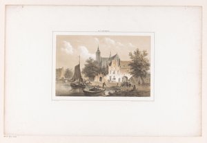 Stadsbild med flod och kyrka