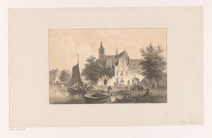 Stadsbild med flod och kyrka