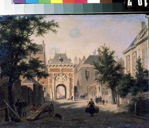 ""Utsikt över en holländsk stad"" Gatubild, en hemmafru kommer tillbaka från marknaden, korgarna laddade. Målning av Bartholomeus Johannes van Hove (1790-1880) 1800-talets Mikhail Kroshitsky Art Museum, Sevastopol (Sevastopol) Ukraina