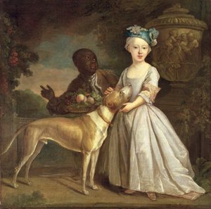 En ung flicka med en hund och en sida