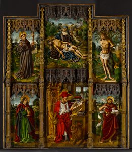 Bärbar altartavla: Pietà, Saints Francis, Sebastian, Johannes evangelisten, Hieronymus och Johannes Döparen, ca 1500