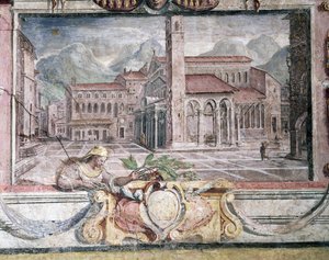 Sovrum, detalj av frisen som visar städer under Medici-styret, Pistoia, fresk 1564-75