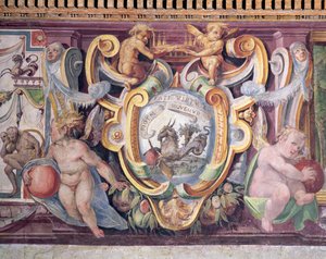 Storhertigen av Toscanas Sala del Granduca di Toscanas sal detalj av frisen som visar zodiakens tecken, Stenbocken, Francesco deMedicis emblem 1541-87 1564-75 fresk