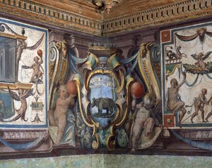 Storhertigen av Toscanas Sala del Granduca di Toscanas sal detalj av frisen som visar zodiakens tecken, noshörningen, fresk 1564-75