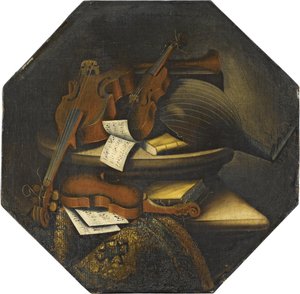 Ett stilleben med en luta, en violoncell, en violin och noter på en stenavsats bredvid en matta av Bartolomeo Bettera