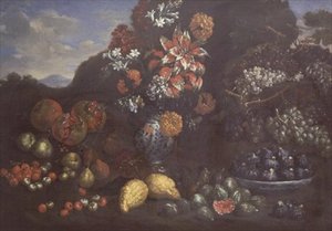Blommor i en Maiolica-kanna med frukt i ett landskap av Bartolomeo Bimbi