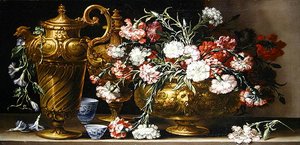 Stilleben med pinker i en låda och en florentinsk kanna på en kant (olja på duk) av Bartolomeo Bimbi